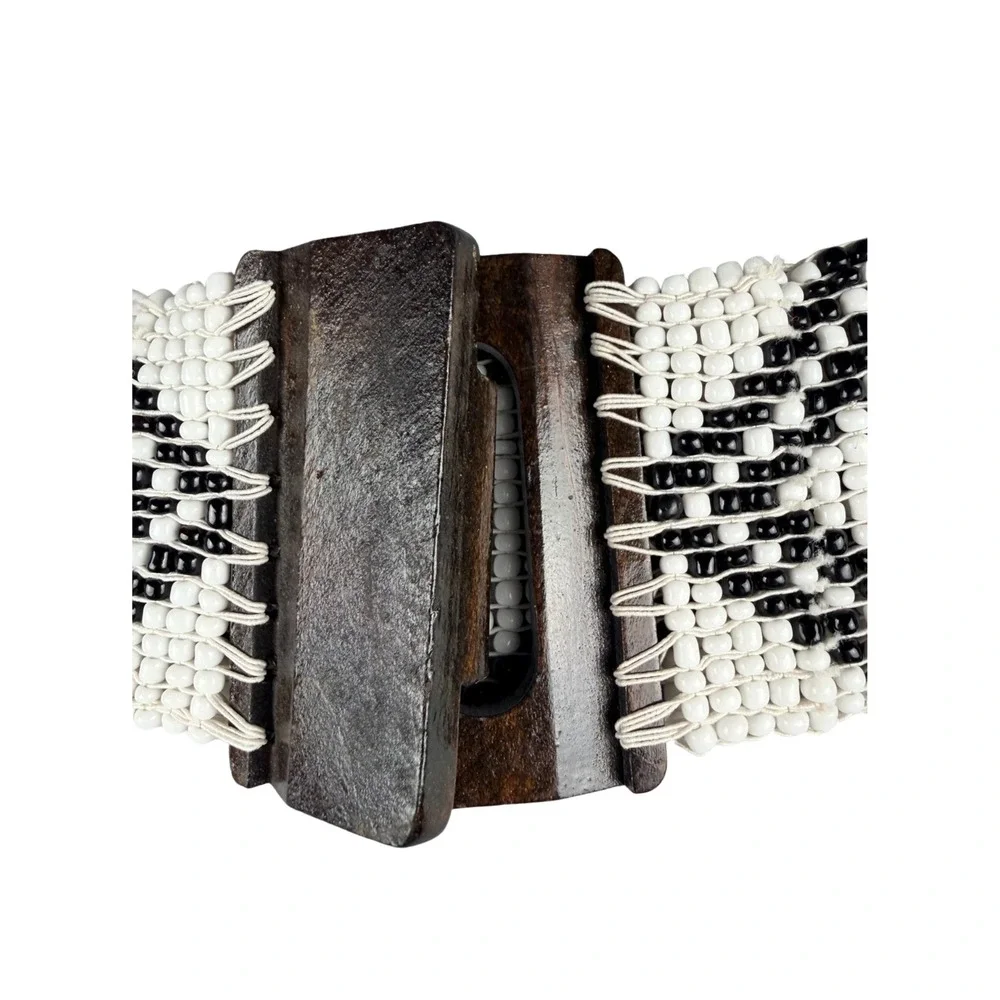 Vintage Beaded Belt Black White Geometric Diamond Seed Bead Wood Buckle 42 in